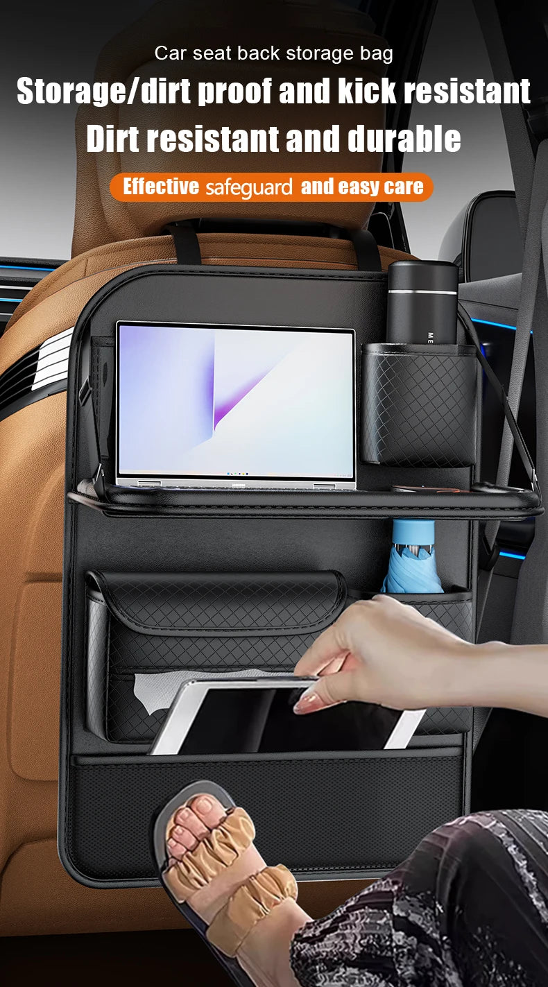Car Seat Back Organizer w/ Foldable Tray Leather Storage Bag Travel Auto Accessory