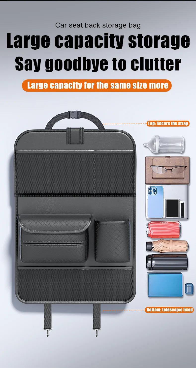 Car Seat Back Organizer w/ Foldable Tray Leather Storage Bag Travel Auto Accessory