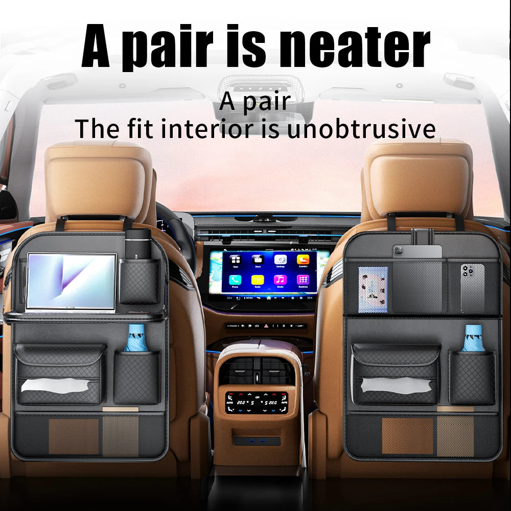 Car Seat Back Organizer w/ Foldable Tray Leather Storage Bag Travel Auto Accessory