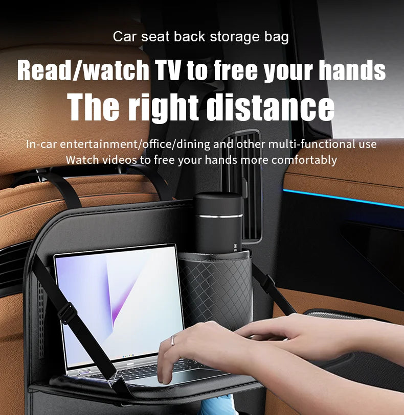 Car Seat Back Organizer w/ Foldable Tray Leather Storage Bag Travel Auto Accessory