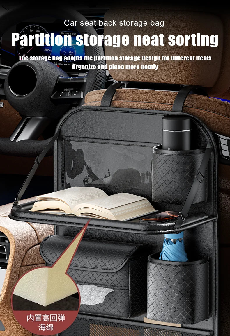 Car Seat Back Organizer w/ Foldable Tray Leather Storage Bag Travel Auto Accessory