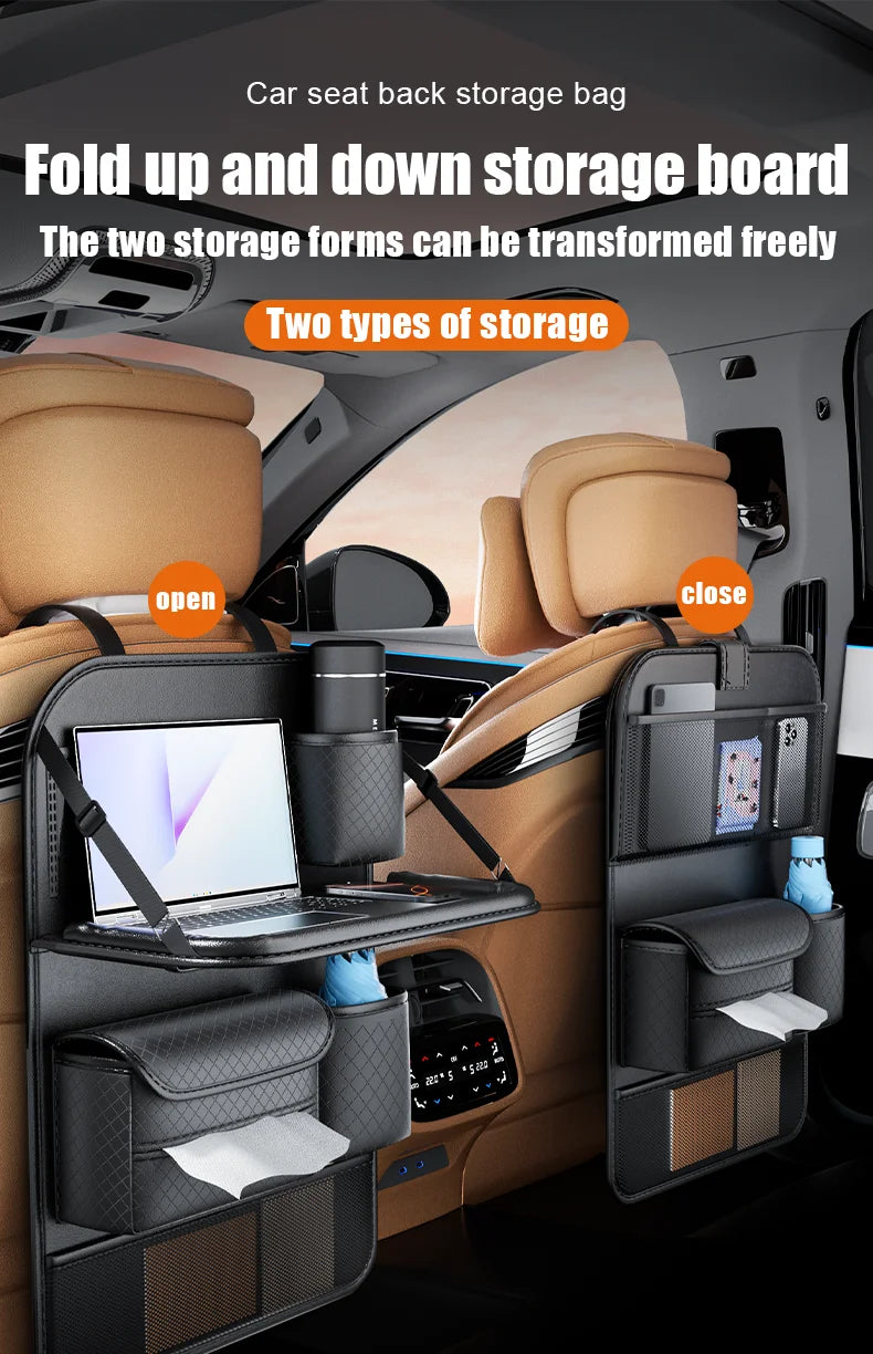 Car Seat Back Organizer w/ Foldable Tray Leather Storage Bag Travel Auto Accessory