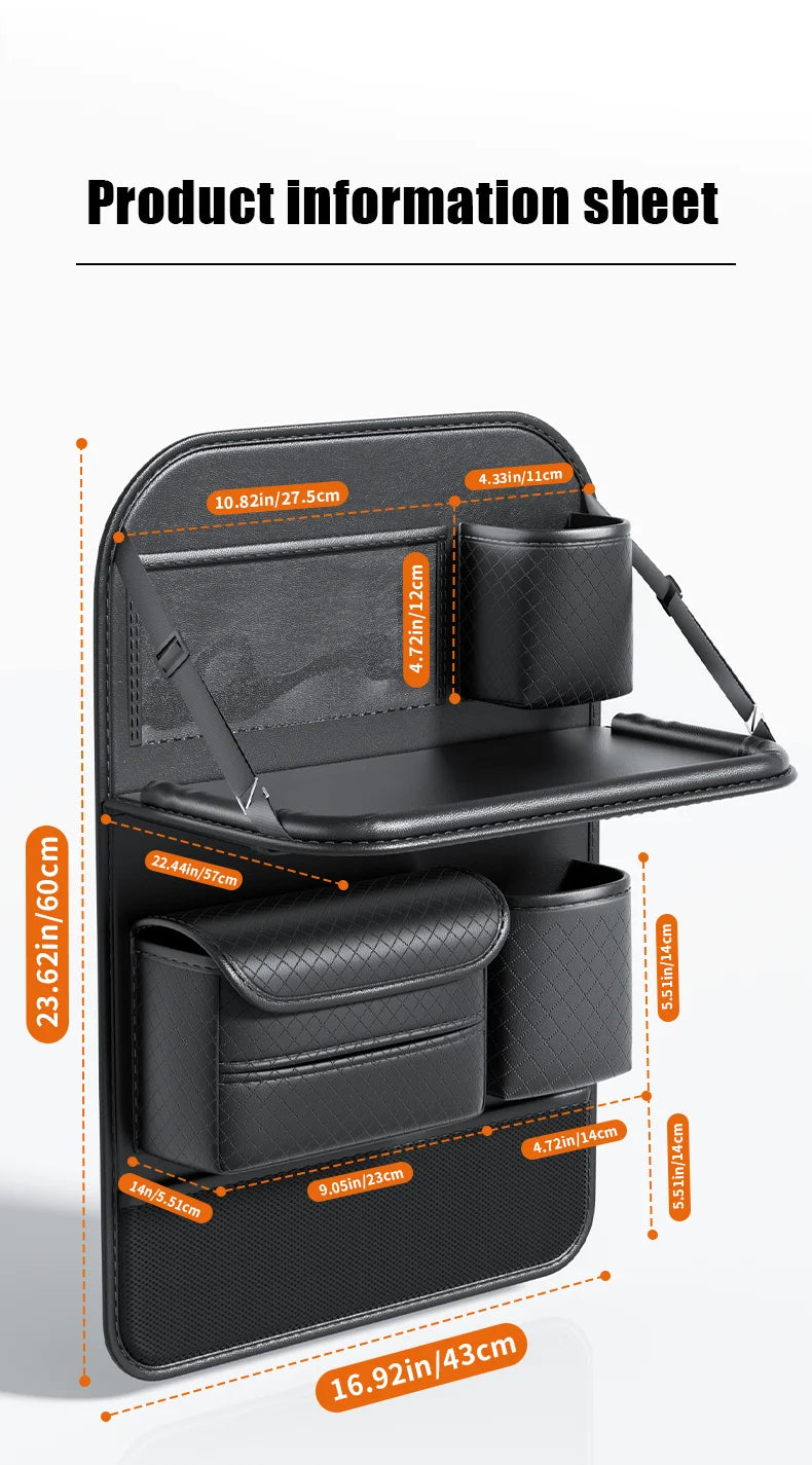 Car Seat Back Organizer w/ Foldable Tray Leather Storage Bag Travel Auto Accessory