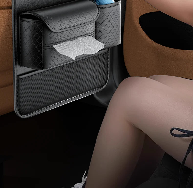 Car Seat Back Organizer w/ Foldable Tray Leather Storage Bag Travel Auto Accessory