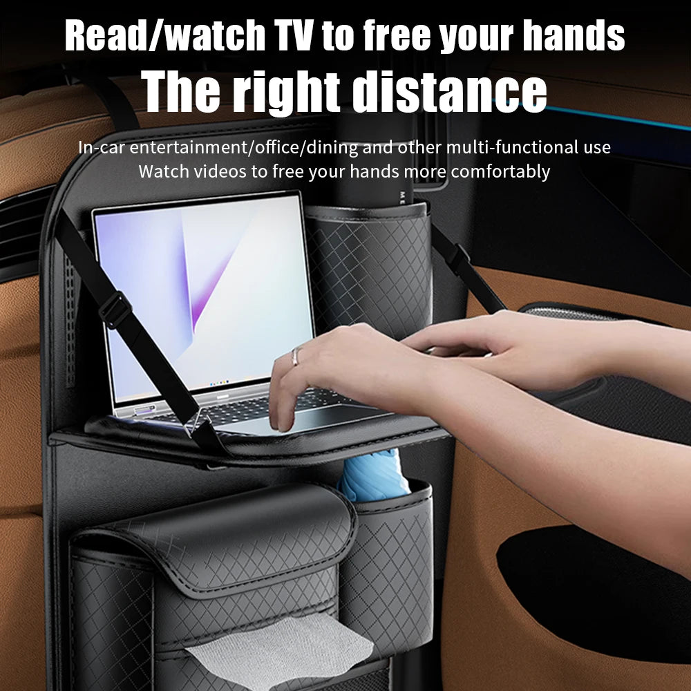 Car Seat Back Organizer w/ Foldable Tray Leather Storage Bag Travel Auto Accessory