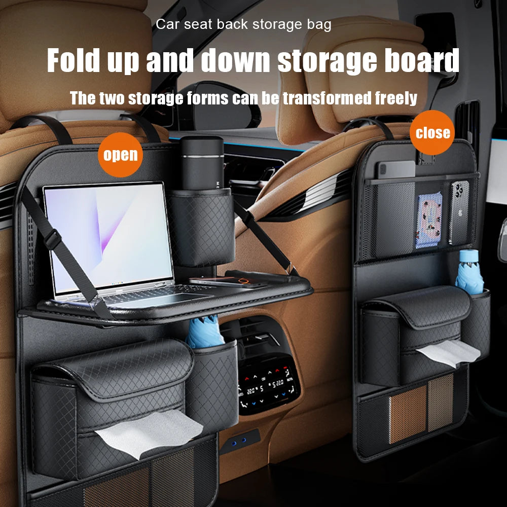 Car Seat Back Organizer w/ Foldable Tray Leather Storage Bag Travel Auto Accessory