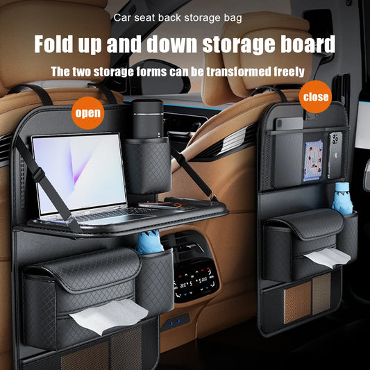 Car Seat Back Organizer w/ Foldable Tray Leather Storage Bag Travel Auto Accessory
