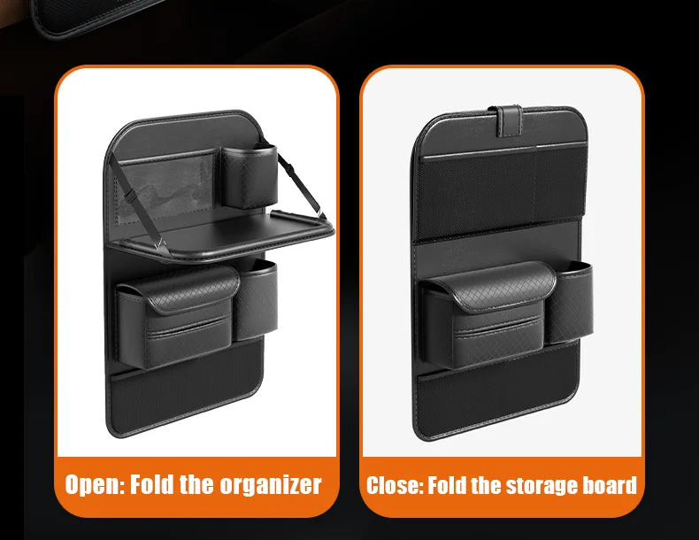 Car Seat Back Organizer w/ Foldable Tray Leather Storage Bag Travel Auto Accessory