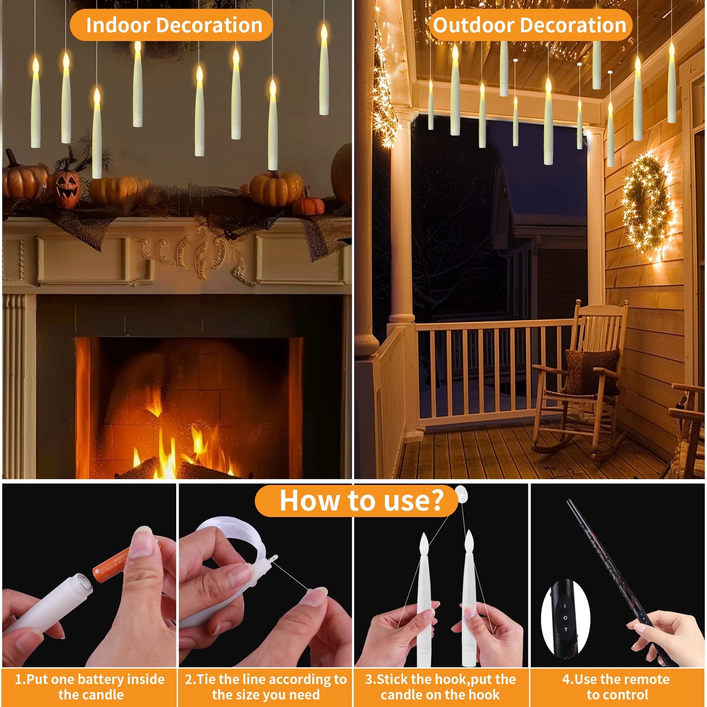 Floating LED Candles + Magic Wand Remote  Flameless Flickering  Party Ceiling Decor Gift