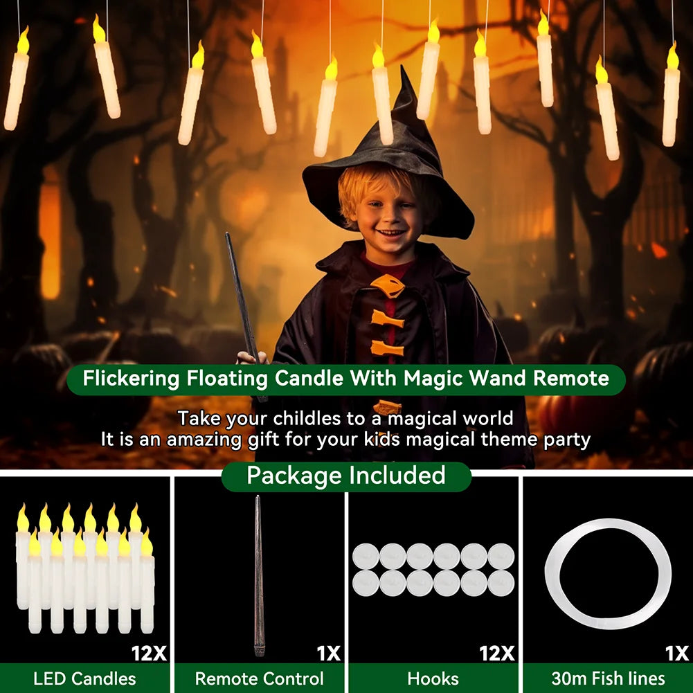 Floating LED Candles + Magic Wand Remote  Flameless Flickering  Party Ceiling Decor Gift