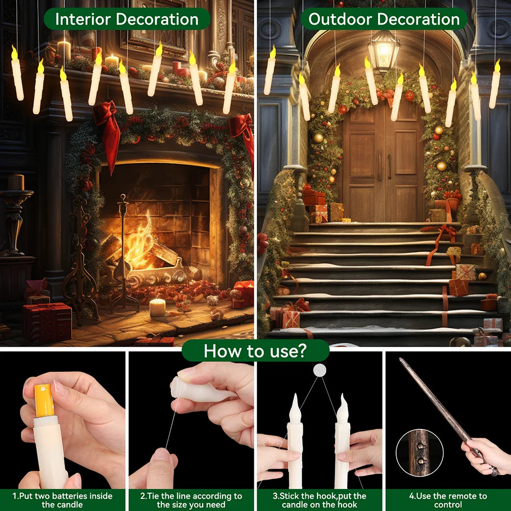 Floating LED Candles + Magic Wand Remote  Flameless Flickering  Party Ceiling Decor Gift