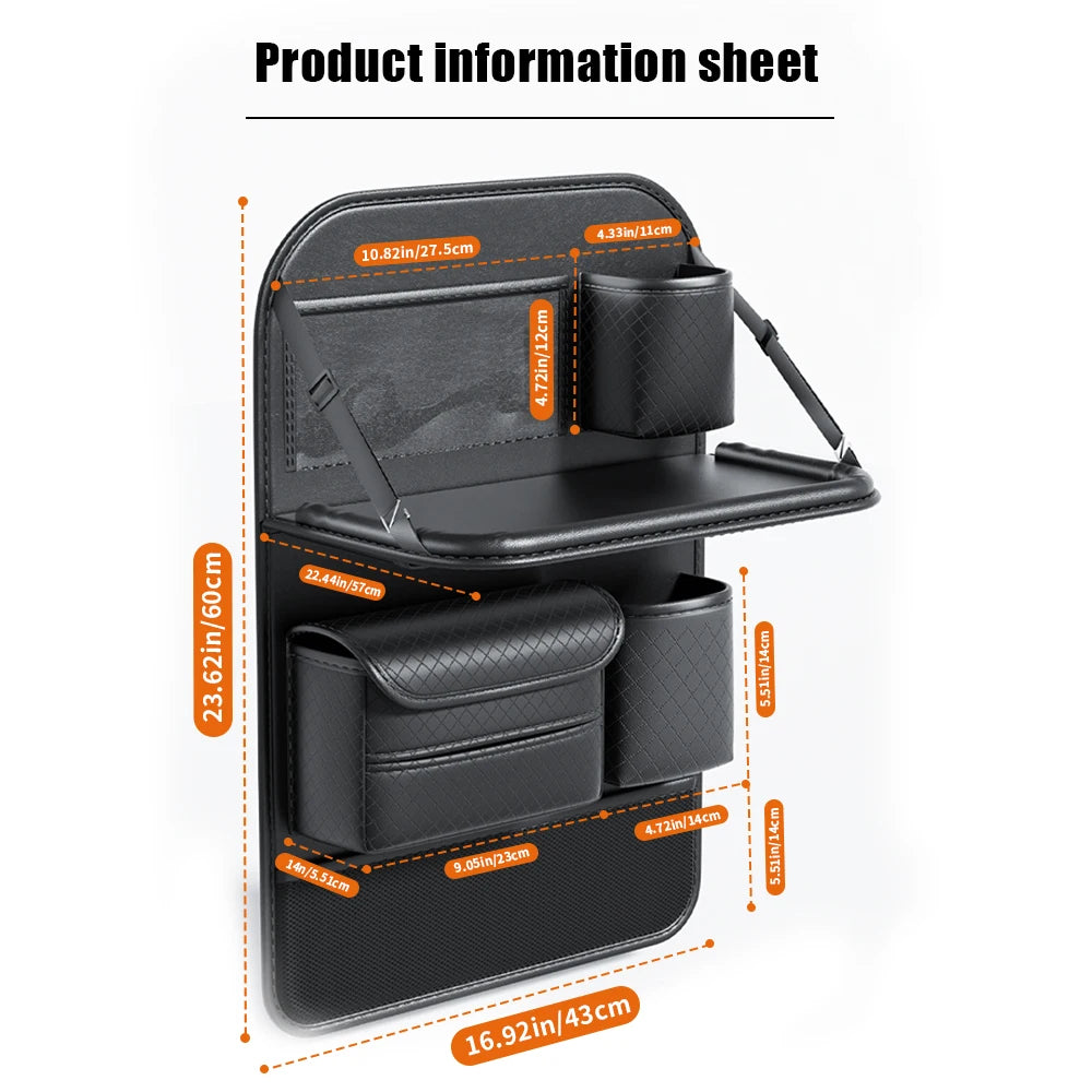 Car Seat Back Organizer w/ Foldable Tray Leather Storage Bag Travel Auto Accessory