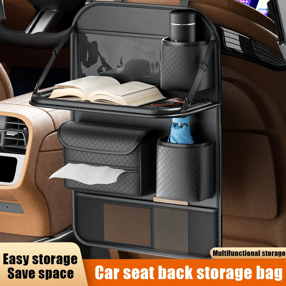 Car Seat Back Organizer w/ Foldable Tray Leather Storage Bag Travel Auto Accessory