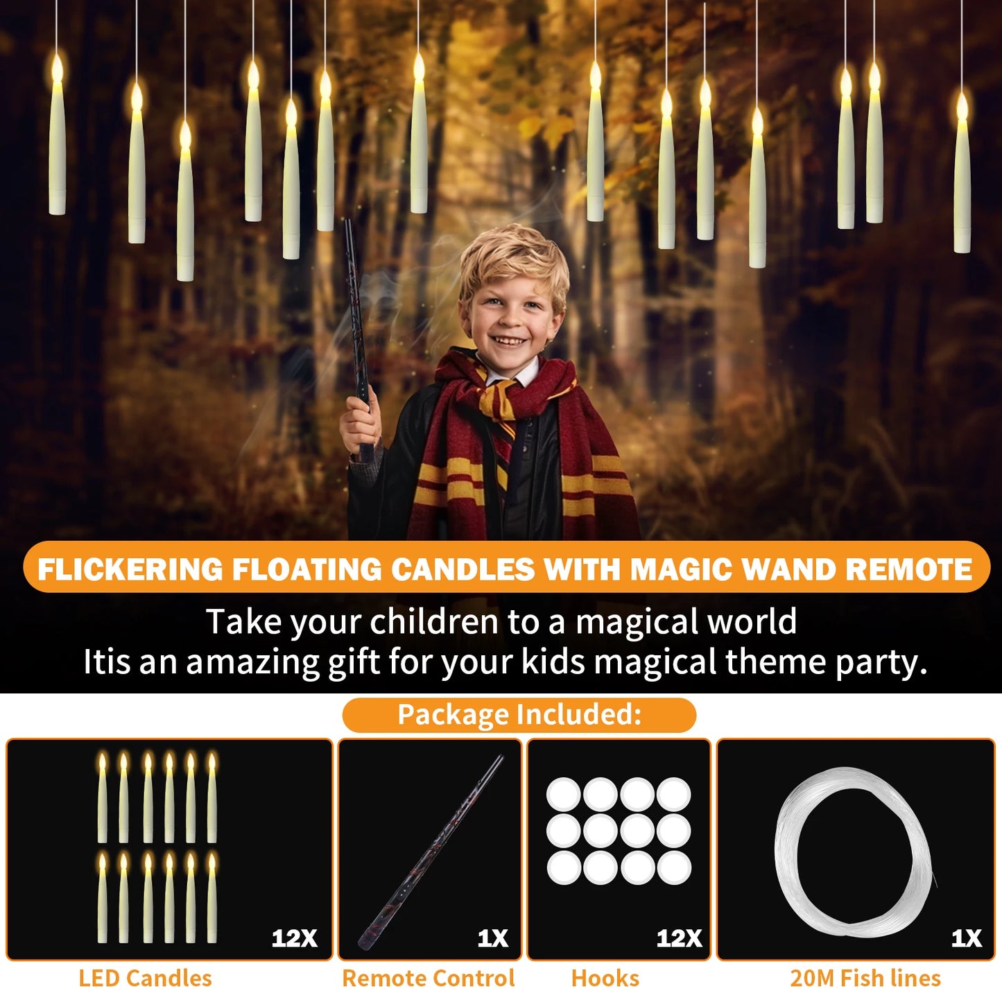Floating LED Candles + Magic Wand Remote  Flameless Flickering  Party Ceiling Decor Gift
