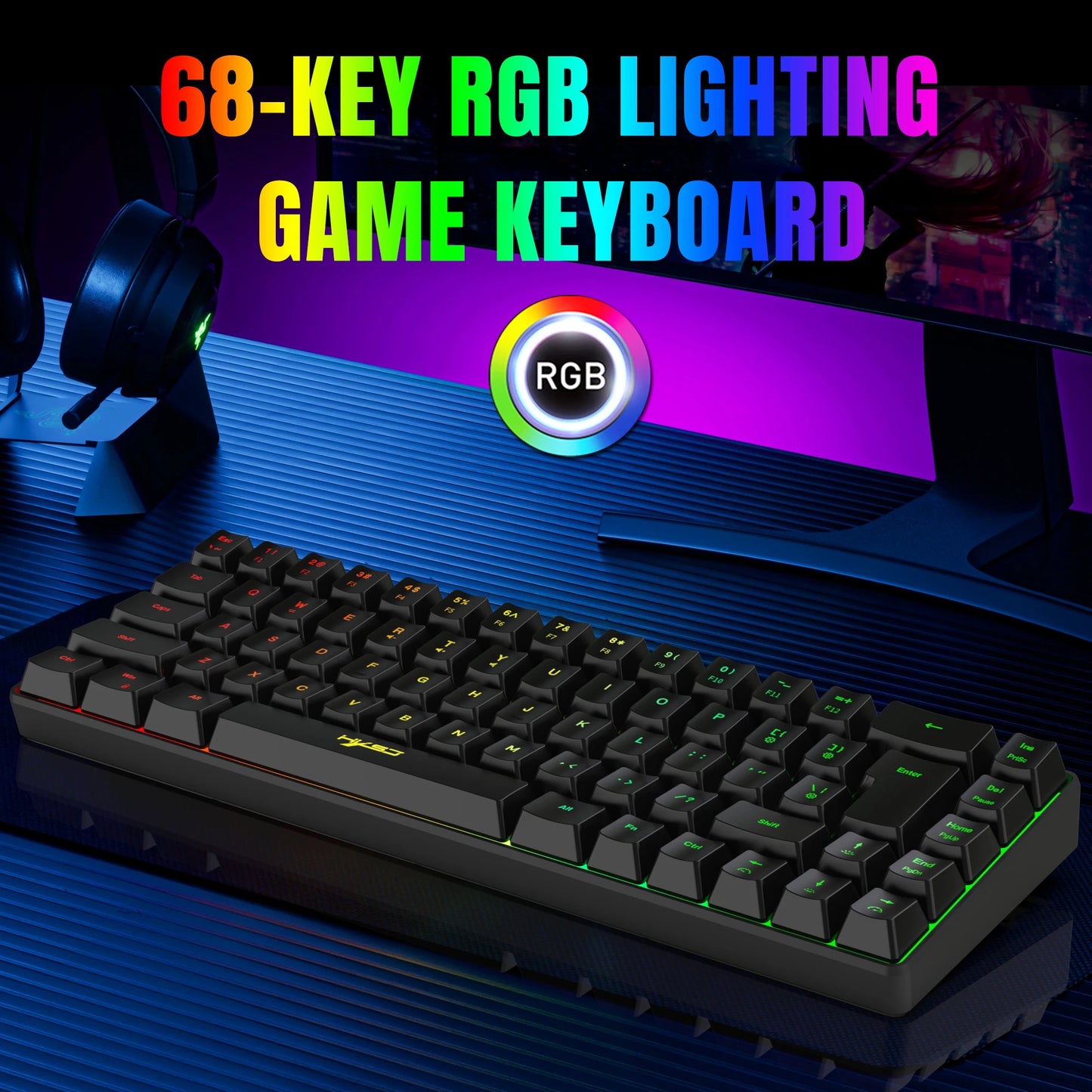 60% Gaming Keyboard,RGB Backlit Ultra Compact Mini 68 Key Wired Keyboard,Anti-Ghosting Keys, for Windows Laptops and PC