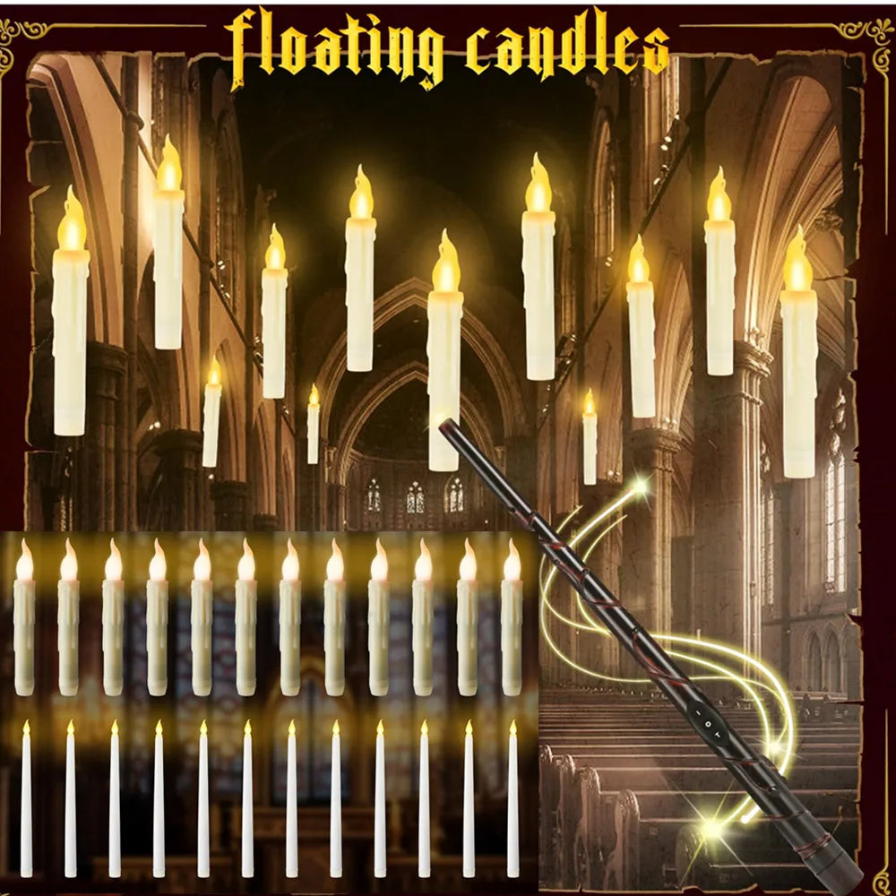 Floating LED Candles + Magic Wand Remote  Flameless Flickering  Party Ceiling Decor Gift