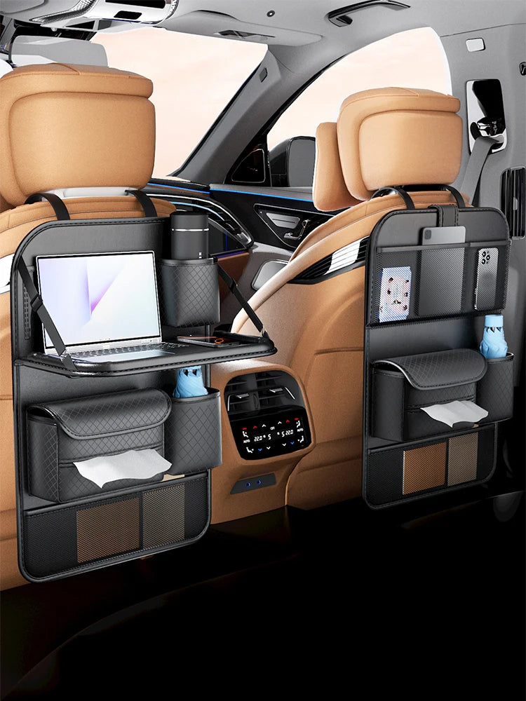 Car Seat Back Organizer w/ Foldable Tray Leather Storage Bag Travel Auto Accessory
