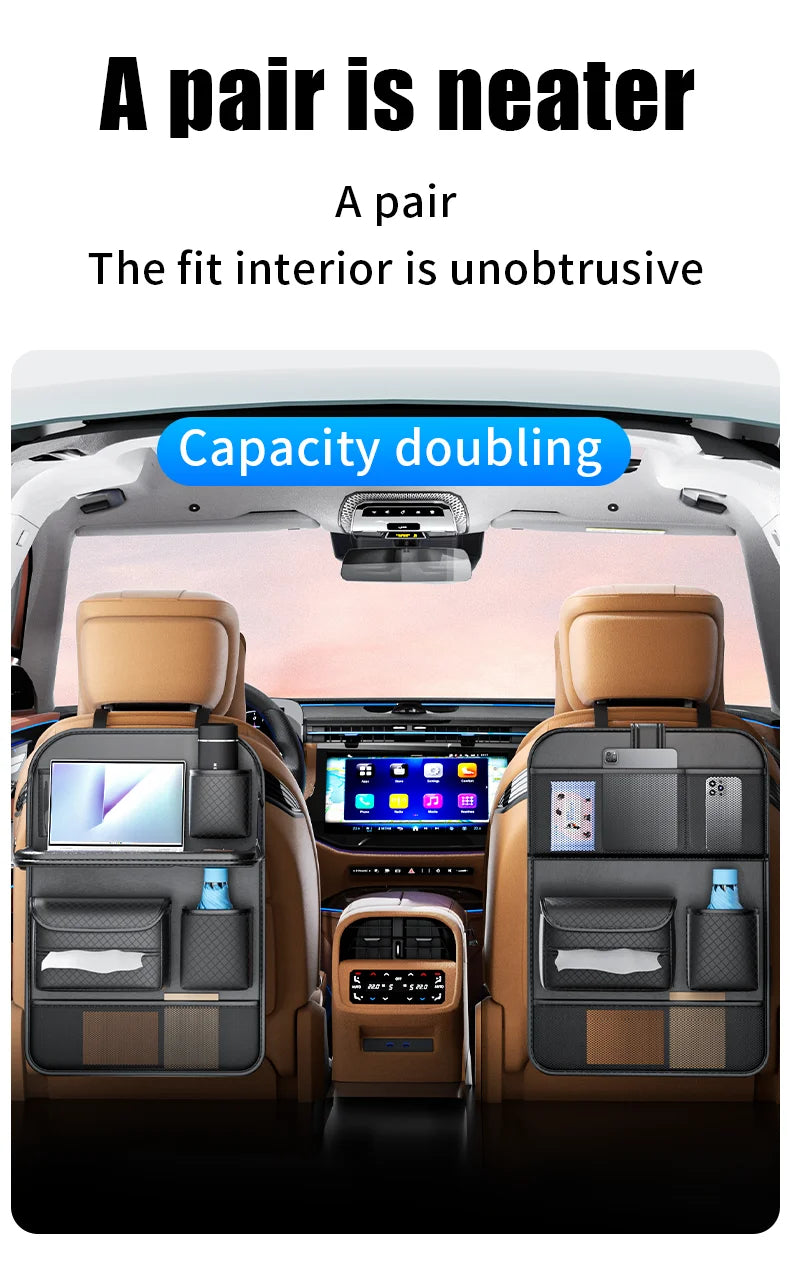 Car Seat Back Organizer w/ Foldable Tray Leather Storage Bag Travel Auto Accessory