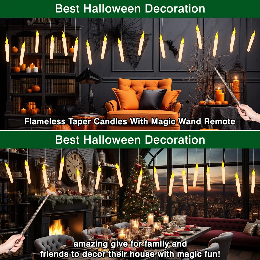 Floating LED Candles + Magic Wand Remote  Flameless Flickering  Party Ceiling Decor Gift