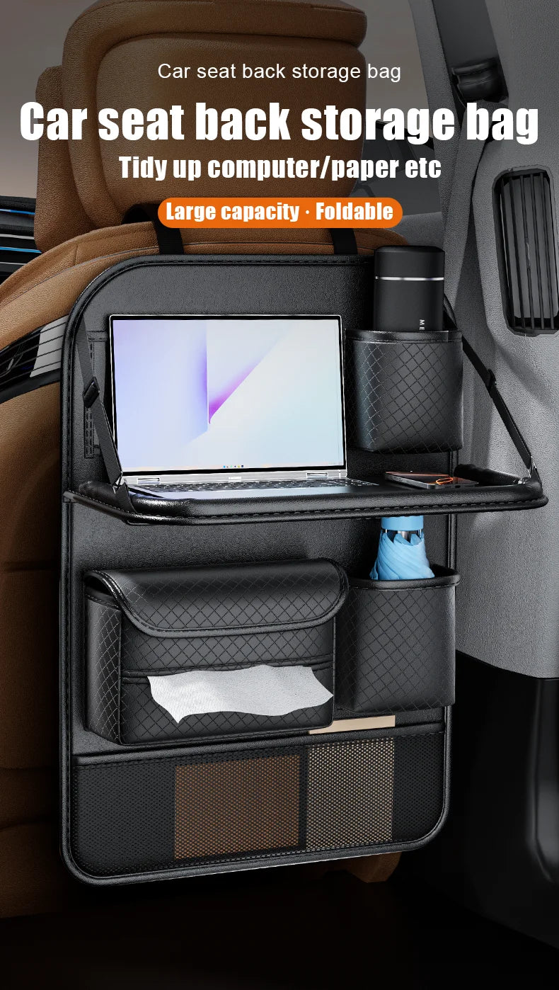 Car Seat Back Organizer w/ Foldable Tray Leather Storage Bag Travel Auto Accessory