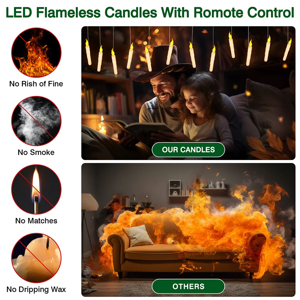 Floating LED Candles + Magic Wand Remote  Flameless Flickering  Party Ceiling Decor Gift